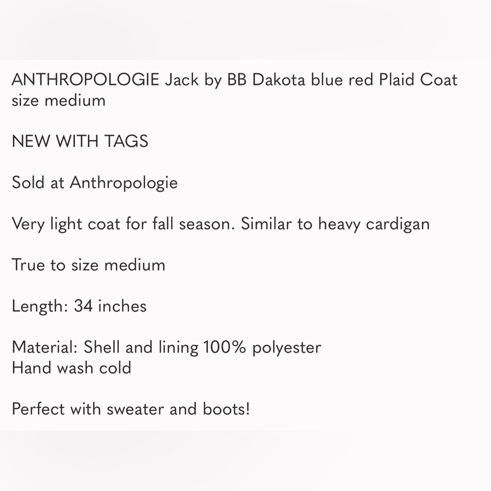 ANTHROPOLOGIE Jack by BB Dakota blue red Plaid Coat size - Picture 7 of 7